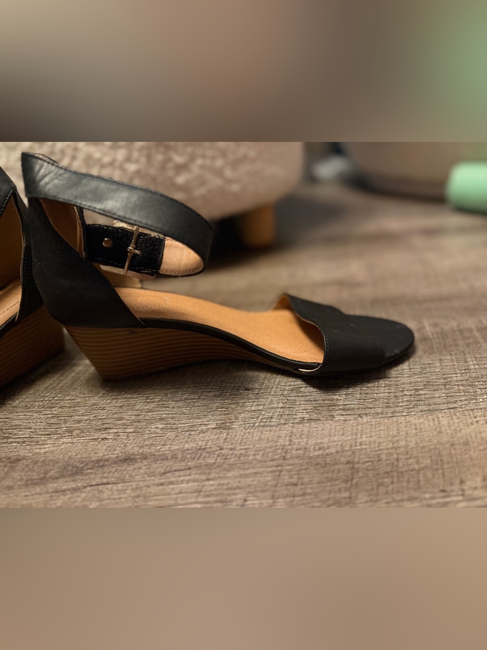 Comfort Plus Predictions Black Ankle Strap Wedge Sandals Size 9
